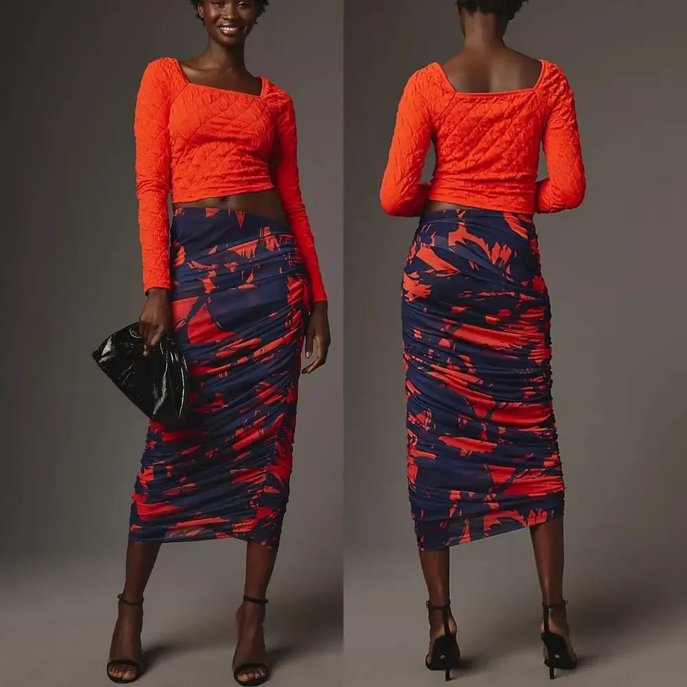 NWT Anthropologie LAMARQUE Pace Floral Ruched Sheer Mesh Bodycon Midi Skirt XXS - Picture 2 of 16